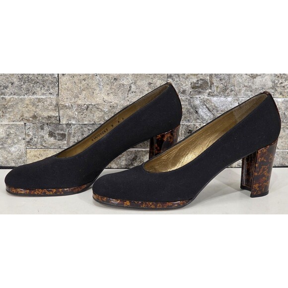Stuart Weitzman Suede Leather Pumps Tortoise Shell Heel Black Spain Women's 8AA - Picture 3 of 13